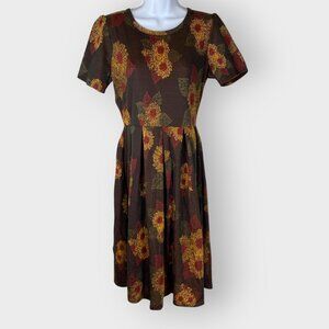 NEW | Lularoe Womens Fit & Flare Dress | L | Brown Sunflowers | Pleated Skirt